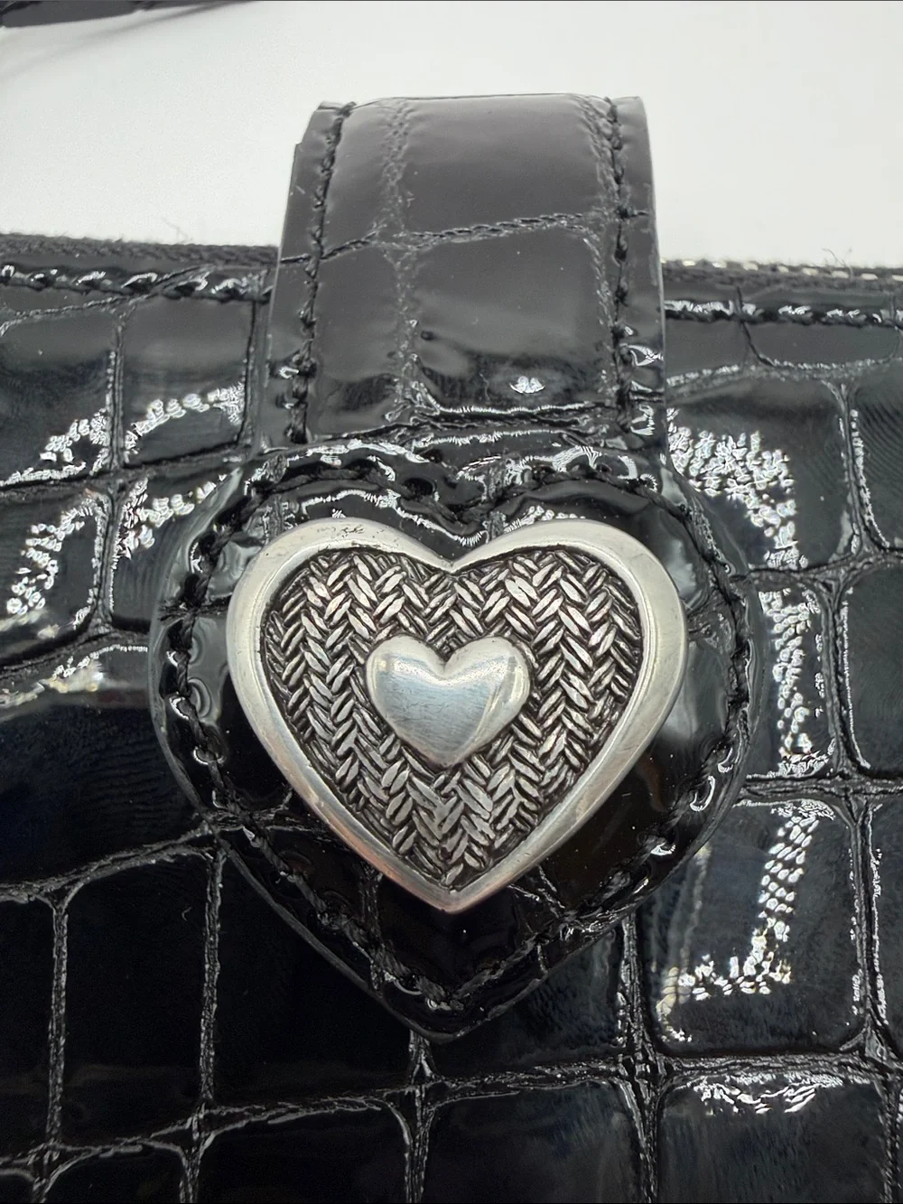 Black Croc-Embossed Wristlet Wallet with Heart Accent